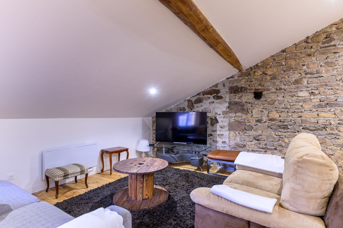 Espace loft avec TV et mur en pierre